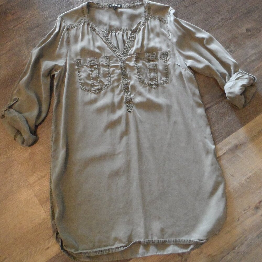 Express Shirt Dress Moss-Gray color Rolled-up-Button Sleeves Size Lg